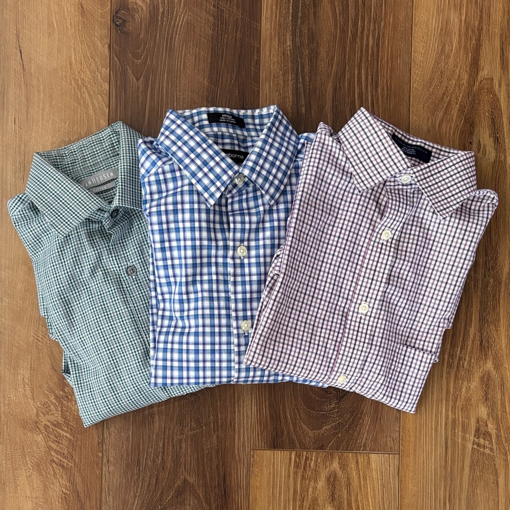 5/$25🌼 Men’s Small-Check Gingham Fitted Dress Shirt Set